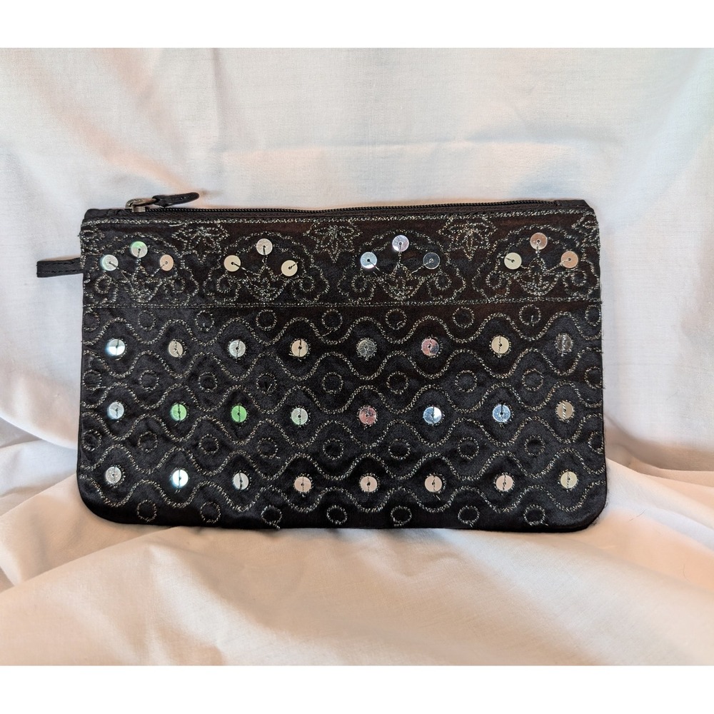 Chicos Silk Embroidered Sequin Black & Silver Clutch Bag Glam Chic Paris
